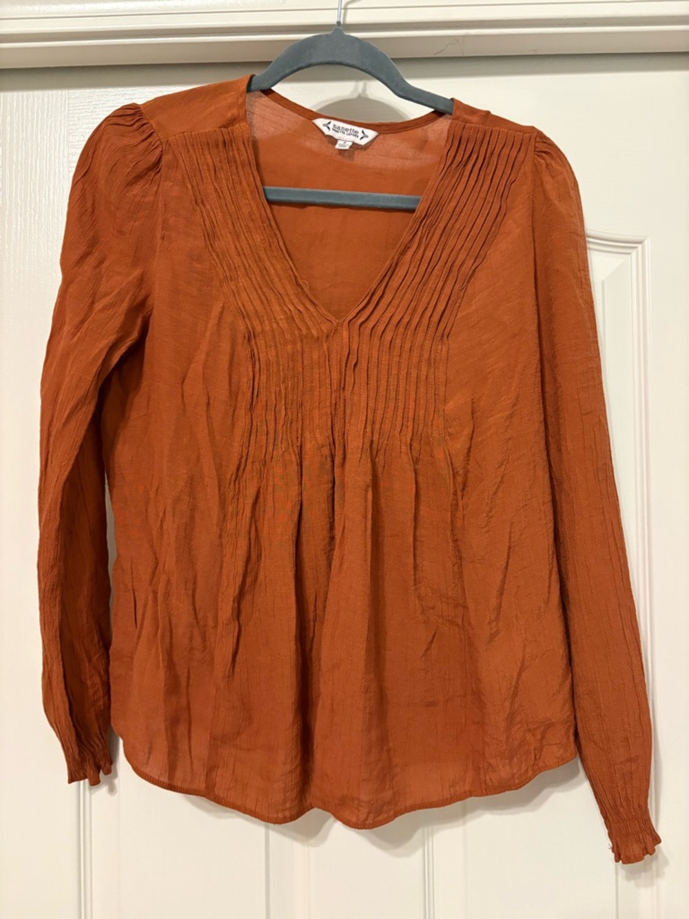 Nanette Lepore Burnt Orange V-Neck Pintuck Long Sleeve Blouse